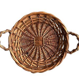 Vintage 1980s Round Wicker Serving Tray Basket with Handles